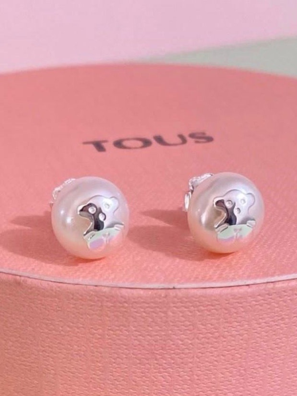 Tous White Pearl Stud Earrings with Silver Bear Motif